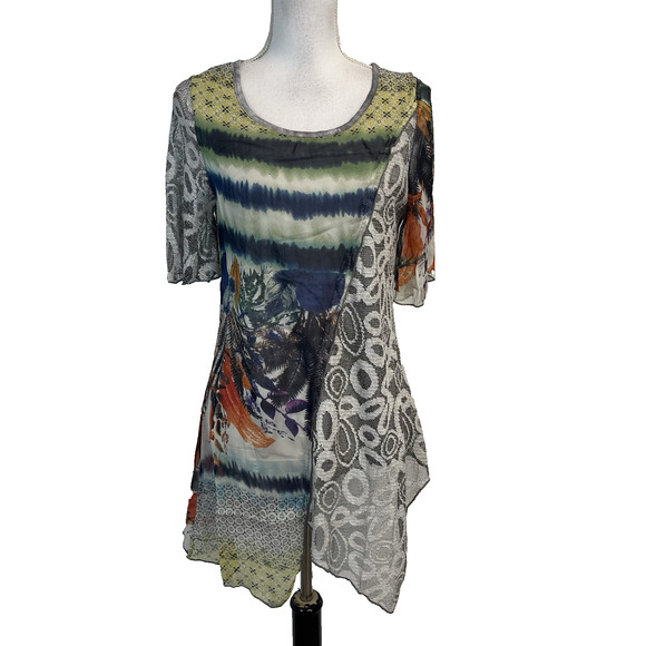 LV Collection Top Tunic size Small Navy Artsy Sheer Mountains Peasant Boutique - Picture 1 of 9